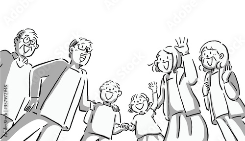 Black and white dramatic low angle illustration of a three generation family