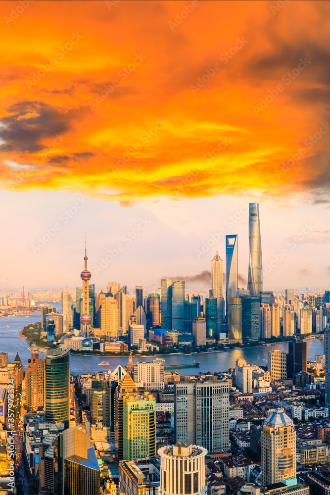 Beautiful Shanghai skyline and city buildings at sunset,China.High angle view.