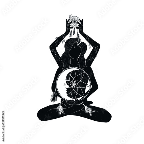 Mystical meditating girl in lotus position with dream catcher. Space woman in esoteric style. Yoga practice. Boho art. 