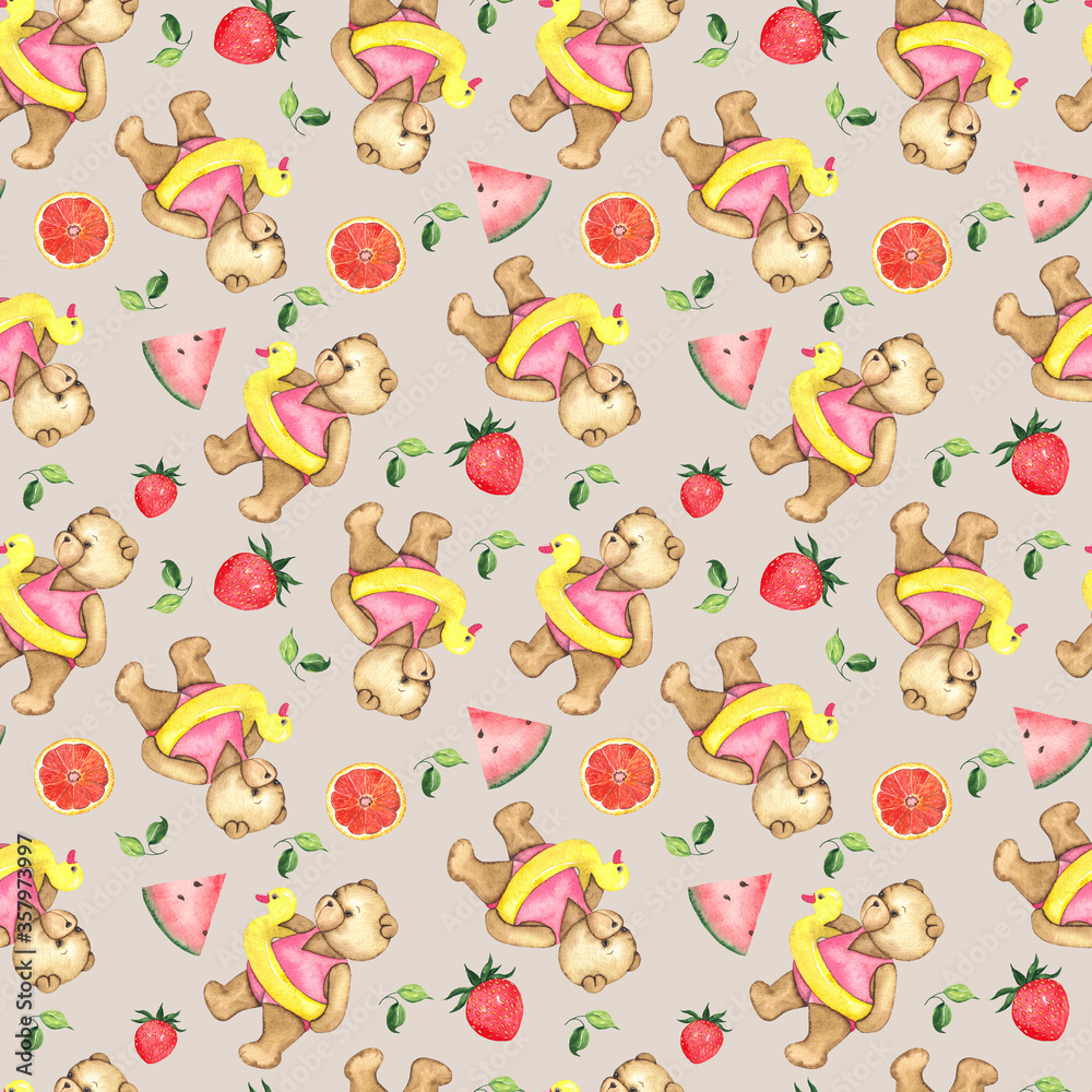 Watercolor hand-painted summer seamless pattern with cute Teddy Bear and tropical fruits Watercolor hand-painted summer seamless pattern with cute Teddy Bear and tropical fruits