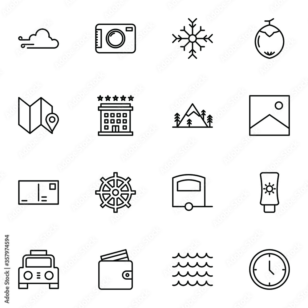 Fototapeta premium Holiday and travel icon set. Modern outline trip, journey, travelling icons sign. Simple icon vector illustration.