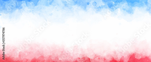 July 4th background, red white and blue colors with soft faded watercolor border texture design and blank white center, veteran's day or memorial day patriotic color background