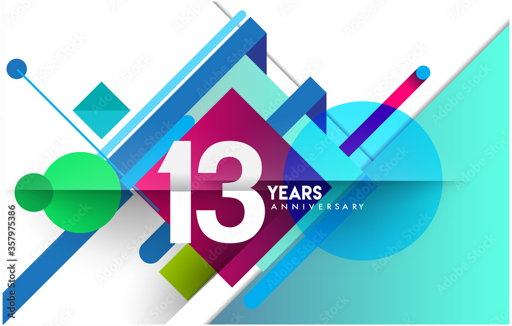 13th years anniversary logo, vector design birthday celebration with colorful geometric isolated on white background.
