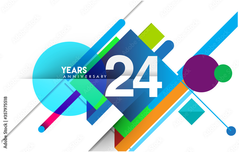 24th years anniversary logo, vector design birthday celebration with colorful geometric isolated on white background. 24th years anniversary logo, vector design birthday celebration with colorful geometric isolated on white background.
