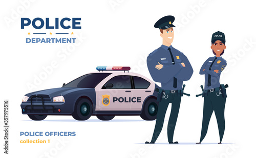 Cartoon police officers man and woman team. Public safety officers with police car. Guardians of law and order.
