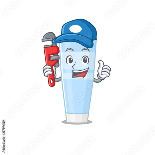 cartoon character design of eye cream as a Plumber with tool