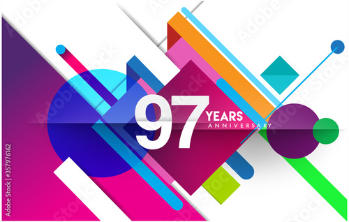 97th years anniversary logo, vector design birthday celebration with colorful geometric isolated on white background.