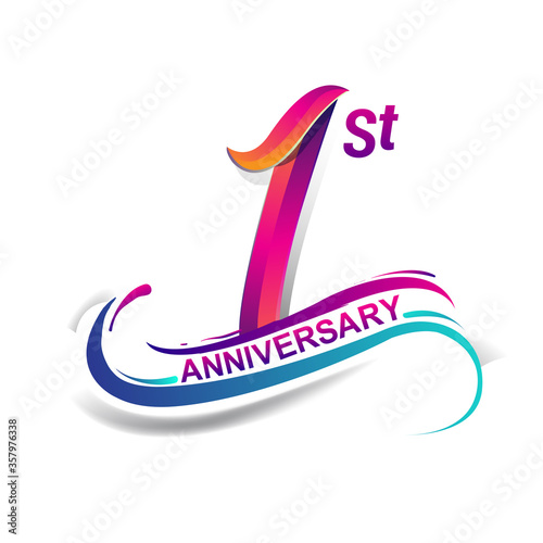 1st anniversary celebration logotype blue and red colored. Birthday logo on white background.
