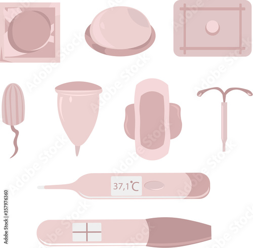 Set of objects for women's health. Reproduction and contraception. Pregnancy and menstruation. Pregnancy test, pill and rectal thermometer. Condom, vaginal ring and uterine spiral. 