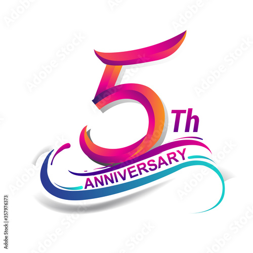 5th anniversary celebration logotype blue and red colored. Birthday logo on white background.