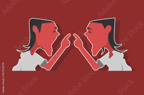 Identical teenage twin boys arguing with each other. Flat style illustration. 