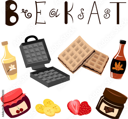 Breakfast. Waffles with syrup and fruits. Jam and Chocolate Mast. Dessert. Lettering.