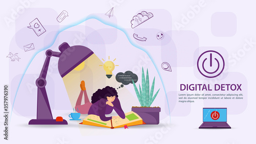 Digital detoxification banner concept for web and mobile sites Girl under a lamp reading a book under the protection of aura shield from a large amount of unnecessary information flat vector 