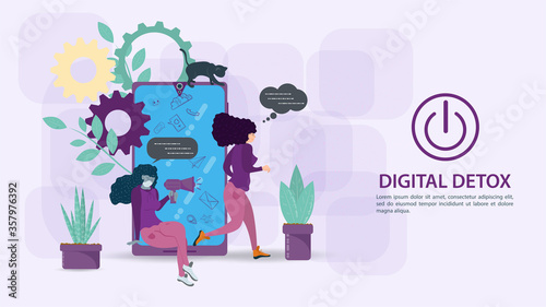 Digital detox banner concept for web and mobile sites a Girl runs away from a mobile phone and a large amount of unnecessary information flat vector illustration