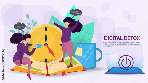 Digital detox banner concept for web and mobile sites Two girls one pregnant communicate live with each other flat vector illustration