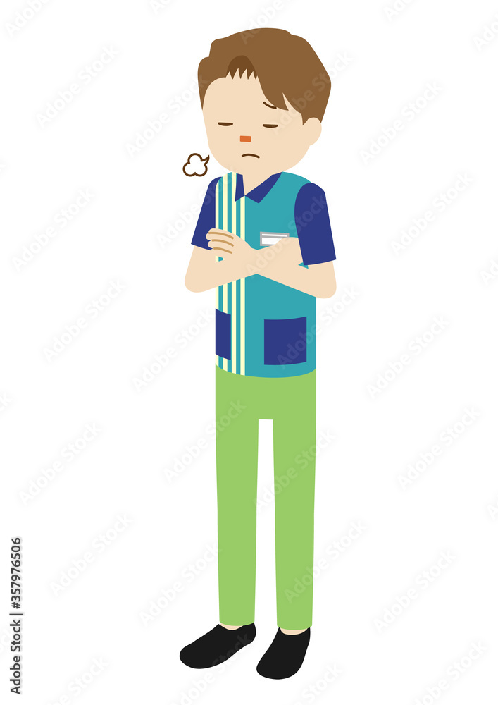 Illustration of a male clerk at convenience store (sighing with his arms crossed) Illustration of a male clerk at convenience store (sighing with his arms crossed)