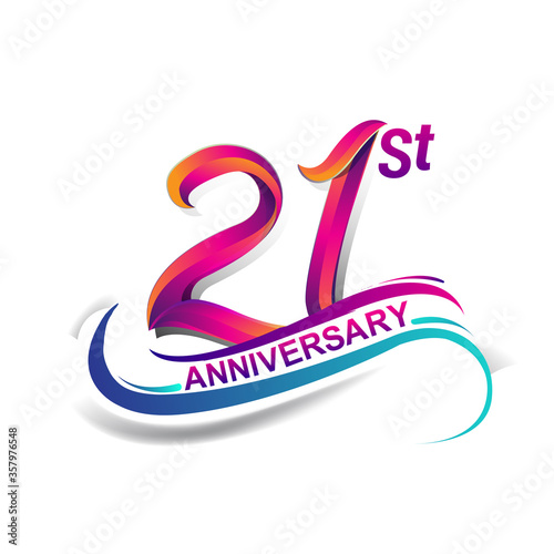 21st anniversary celebration logotype blue and red colored. Birthday logo on white background.