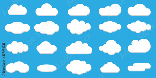 Vector photo of a blue sky with white clouds. Graphic layout of a cute cumulus overcast. Delicate blue pattern with clouds. Flat cartoon cover template. Stock template.