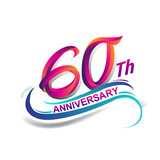60th anniversary celebration logotype blue and red colored. Birthday logo on white background.