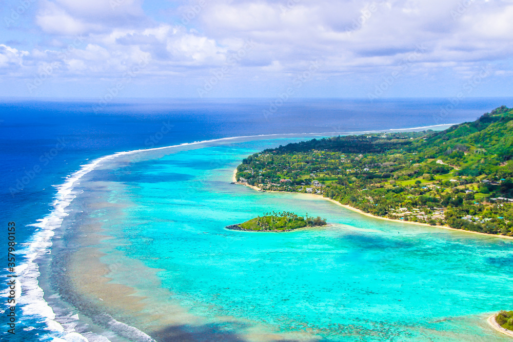 Rarotonga breathtaking stunning views from a plane of beautiful beaches, white sand, clear turquoise water, blue lagoons, Cook islands, Pacific islands