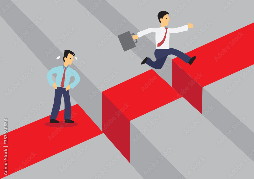 Businessman jumping over a giant gap. Another businessman are afraid of overcoming the problem.