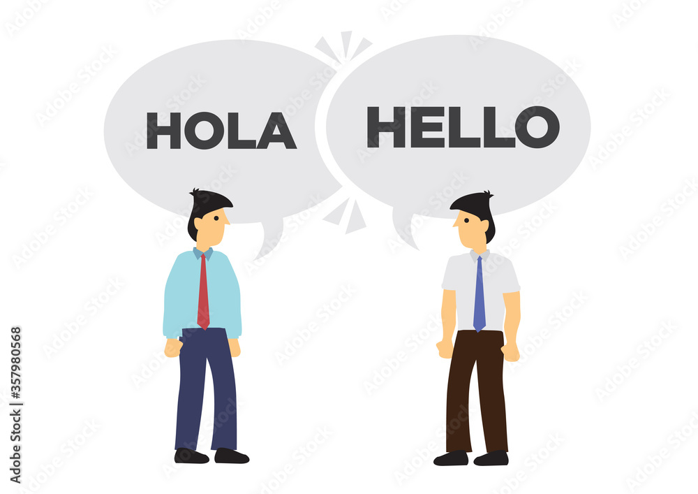 Two businessmen communicate in different languages. Concept of international business or corporate collaboration. English and Spanish. Two businessmen communicate in different languages. Concept of international business or corporate collaboration. English and Spanish.
