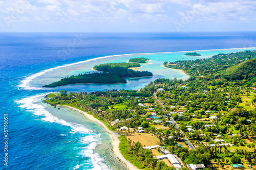 Rarotonga breathtaking stunning views from a plane of beautiful beaches, white sand, clear turquoise water, blue lagoons, Cook islands, Pacific islands photo