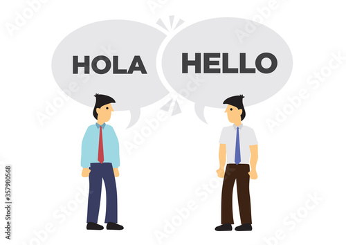 Two businessmen communicate in different languages. Concept of international business or corporate collaboration. English and Spanish.