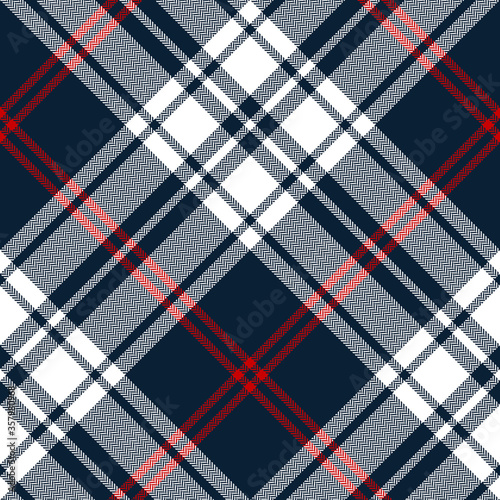 Classic blue red white plaid pattern vector. Seamless diagonal tartan check plaid for blanket, throw, duvet cover, or other modern autumn winter textile print.