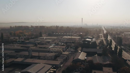 Factory Chimney Pollution Aerial View Above Drone Sky Industrial Outside Suburbs