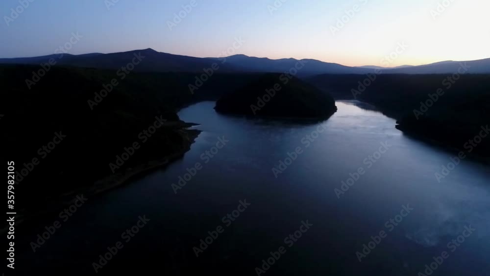 Drone Flying Over Mountain Lake Hills Morning Fog Blue Atmospheric Drone Flying Over Mountain Lake Hills Morning Fog Blue Atmospheric