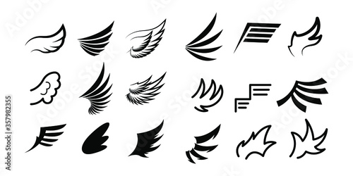 Fototapeta Naklejka Na Ścianę i Meble -  Set Black Line Flat Collection Wings Vector Icon Feather Design Style Decoration