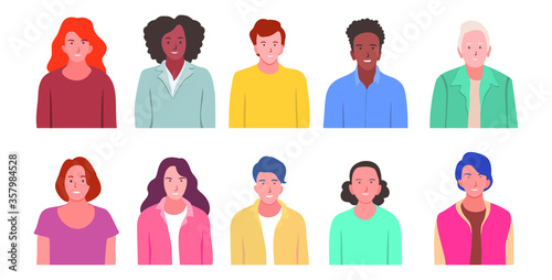 Bright people portraits set - hand drawn flat style vector design concept 
illustration of young men and women, male and female faces and shoulders avatars. Flat style vector icons set
