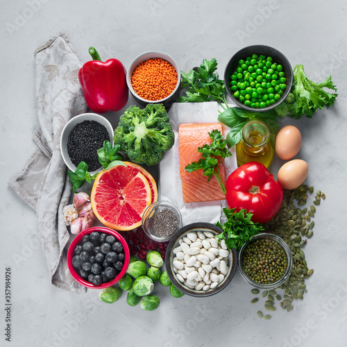 Healthy food on grey background