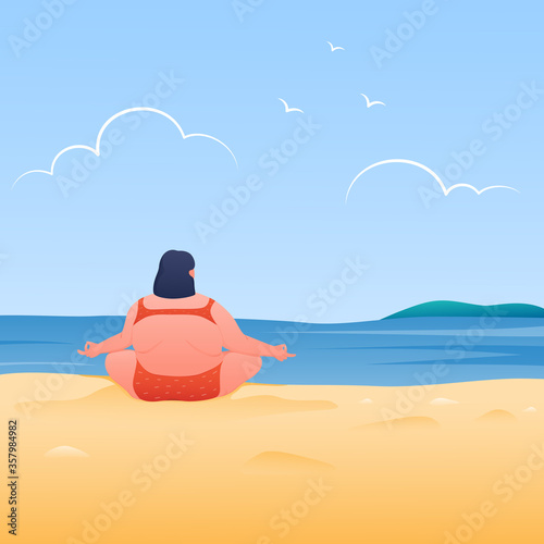 Chubby young woman doing yoga on tropical beach. Meditating with natural, vector illustration.