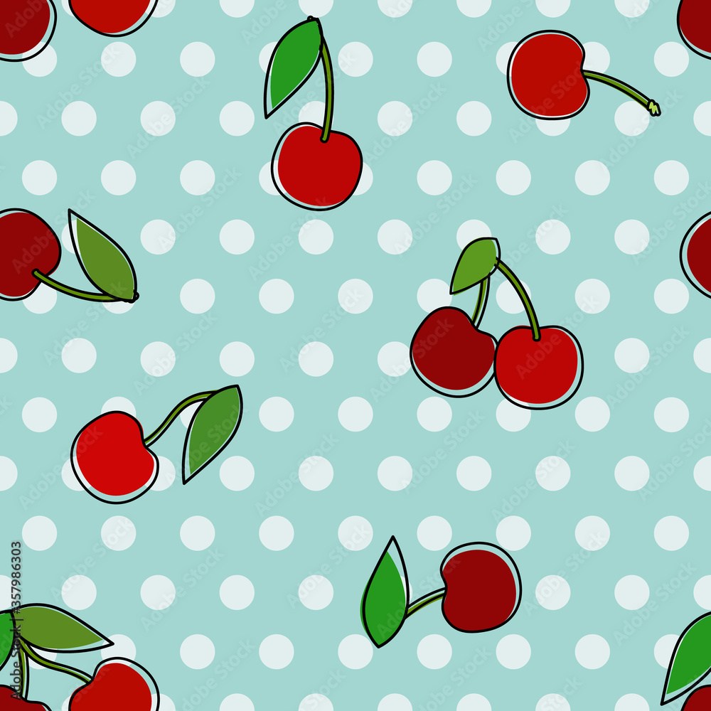 Red cherry illustration over sky blue polka dots seamless pattern Red cherry illustration over sky blue polka dots seamless pattern