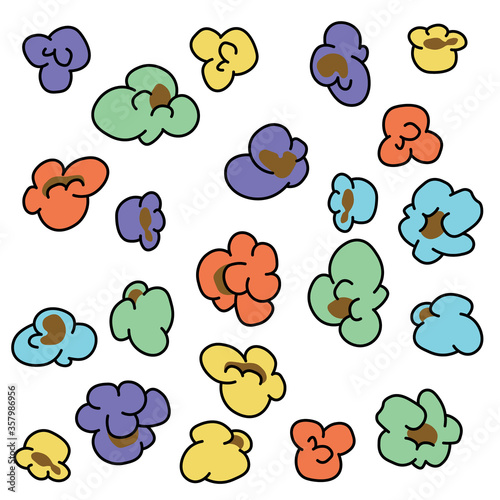 popcorn colorful doodle seamless pattern design. Plain white background. Hand drawn cartoon illustration.  