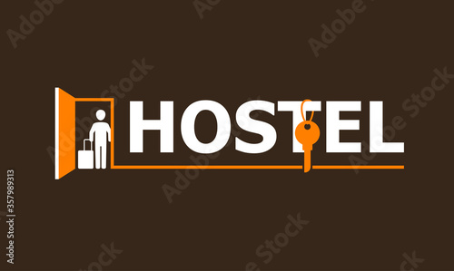 Hostel signboard with visitor standing in doorway and hanging room key