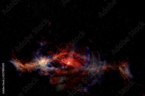 Black hole in clubs of plasma fire clouds and lights in outer space with copy space. Elements of this image furnished by NASA.