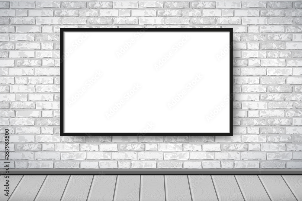 Flat Interior with empty white picture frame on gray brick wall. Trendy loft room scenery background, fashion gallery exhibition interior. Vector Illustration for web, poster mockup, exposition.