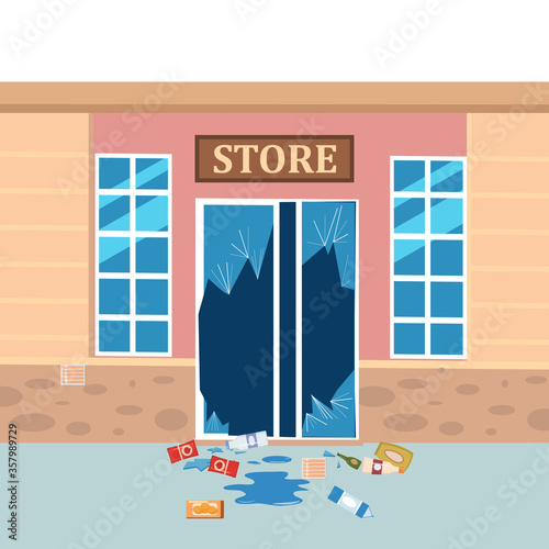 Store broken. Robbery concept. Broken doors facades of store