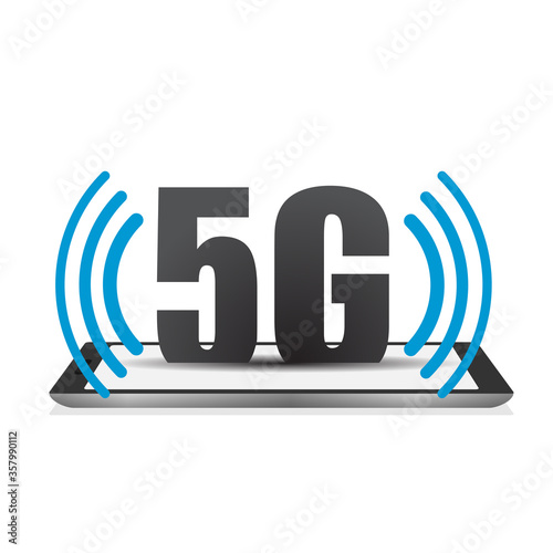 Smartphone and 5G symbol new wireless internet wifi connection. Fifth innovative generation of the global high speed Internet network using modern digital devices.
