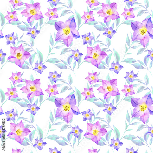 Floral seamless pattern with bluebell flowers in watercolor style. Hand drawn illustration for textile, paper, decoration and wrappin