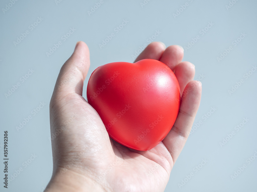 Red heart. Big red heart ball in hand on grey background.