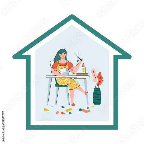 Vector illustration of a home origami lesson. A woman learns to make origami from colored paper. Hobbies in quarantine.