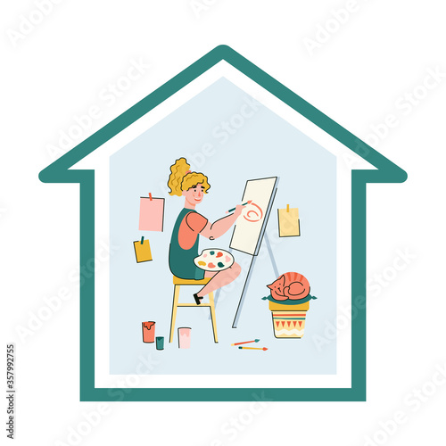Woman drawing in quarantine - stay home poster with artist girl painting on easel in self isolation lockdown inside house shaped frame. Isolated vector illustration.