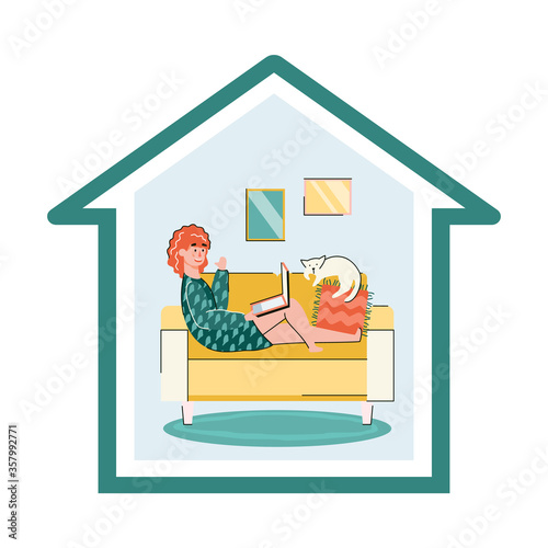 Stay home poster with woman using laptop on sofa - cartoon girl inside house shaped frame in quarantine looking at computer screen. Isolated vector illustration.