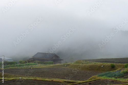 山間部の農村地帯の朝靄と農家