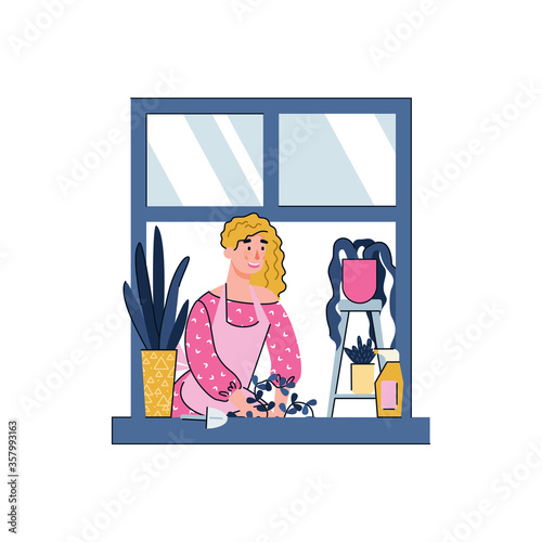 Cartoon woman gardening in home window - quarantine hobby concept isolated on white background. Girl reseating house plants, vector illustration.