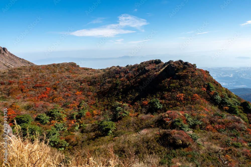 Landscape from Unzen Nita Pass trail in Unzen-Amakusa National Park, Shimabara Peninsula, Nagasaki Prefecture, Japan. Autumn, Novemer 2019.